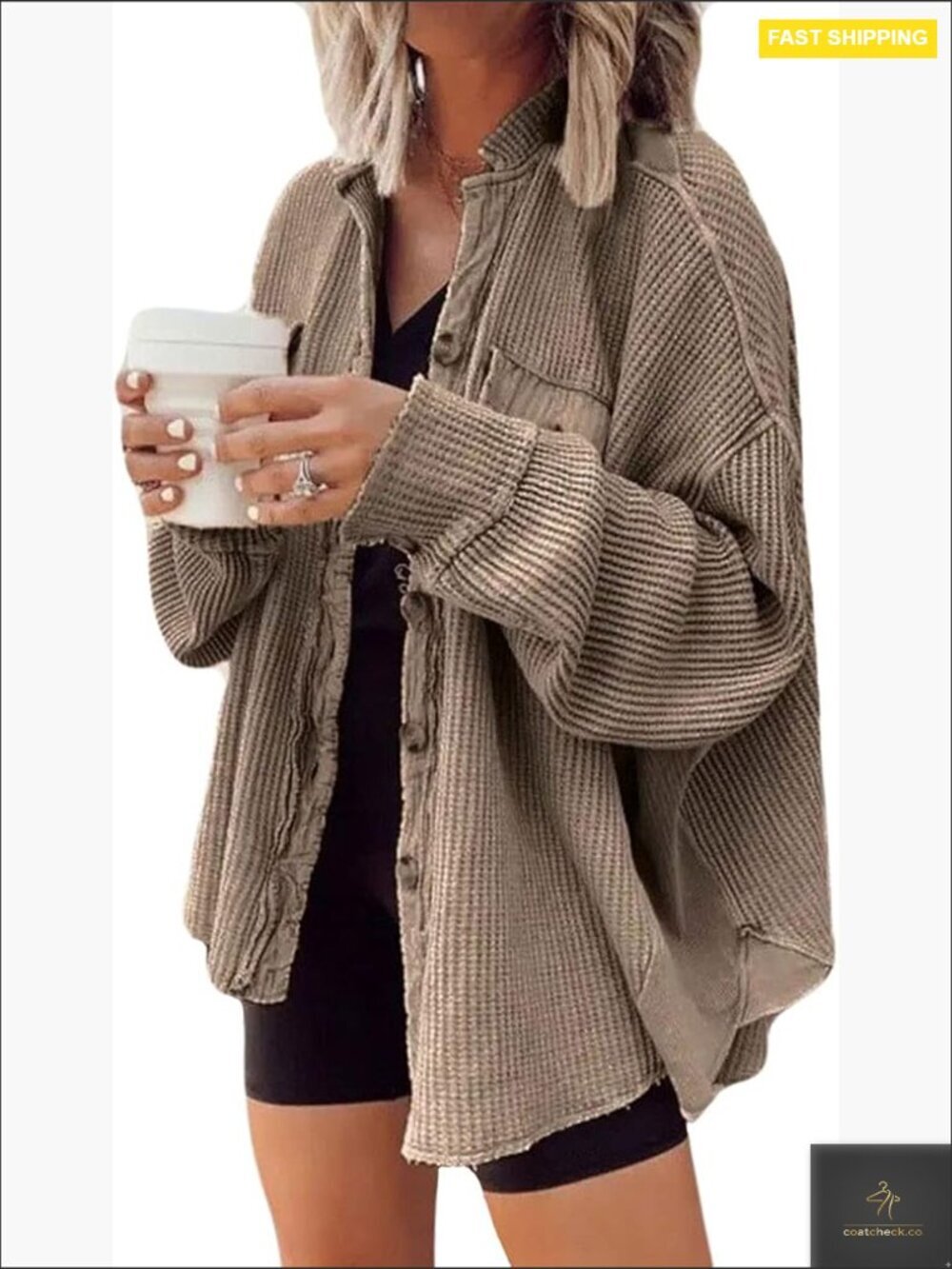 Long Batwing Sleeve Splicing Cardigan Lightweight Waffle Textured Boyfriend